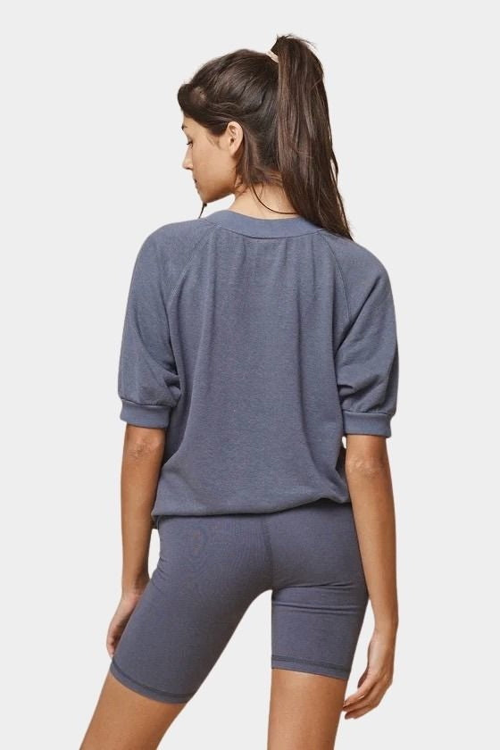 Jungmaven Short Sleeve Raglan Fleece Sweatshirt Diesel Gray relaxed unisex fit hemp fleece crewneck back view Made in USA