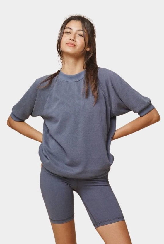 Jungmaven Short Sleeve Raglan Fleece Sweatshirt Diesel Gray heavyweight 9.6 oz hemp organic cotton fleece unisex crewneck front view Made in USA