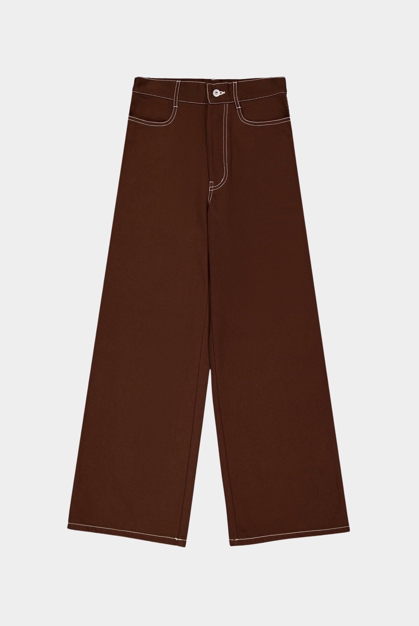 Kowtow Unity Jeans in brown denim, flat lay front view