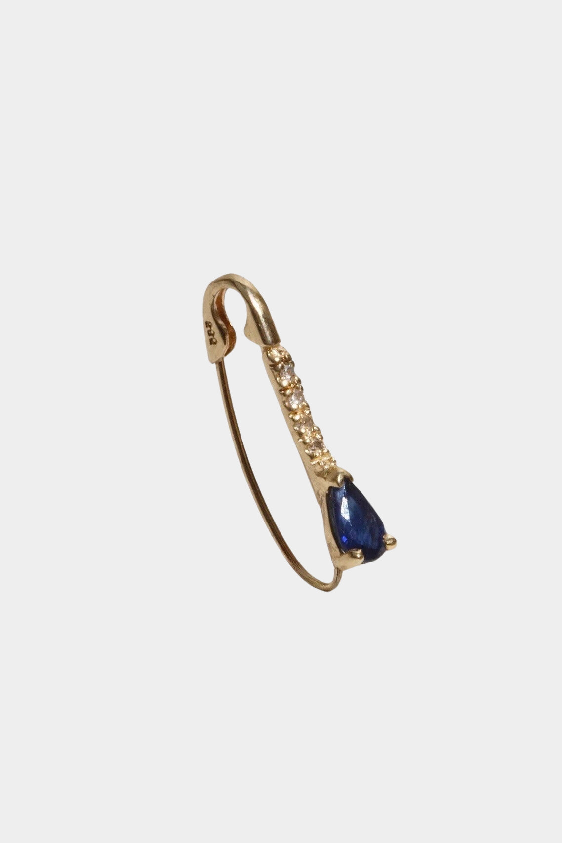 14K gold hinged hoop earring with sapphire drop and diamond detail.