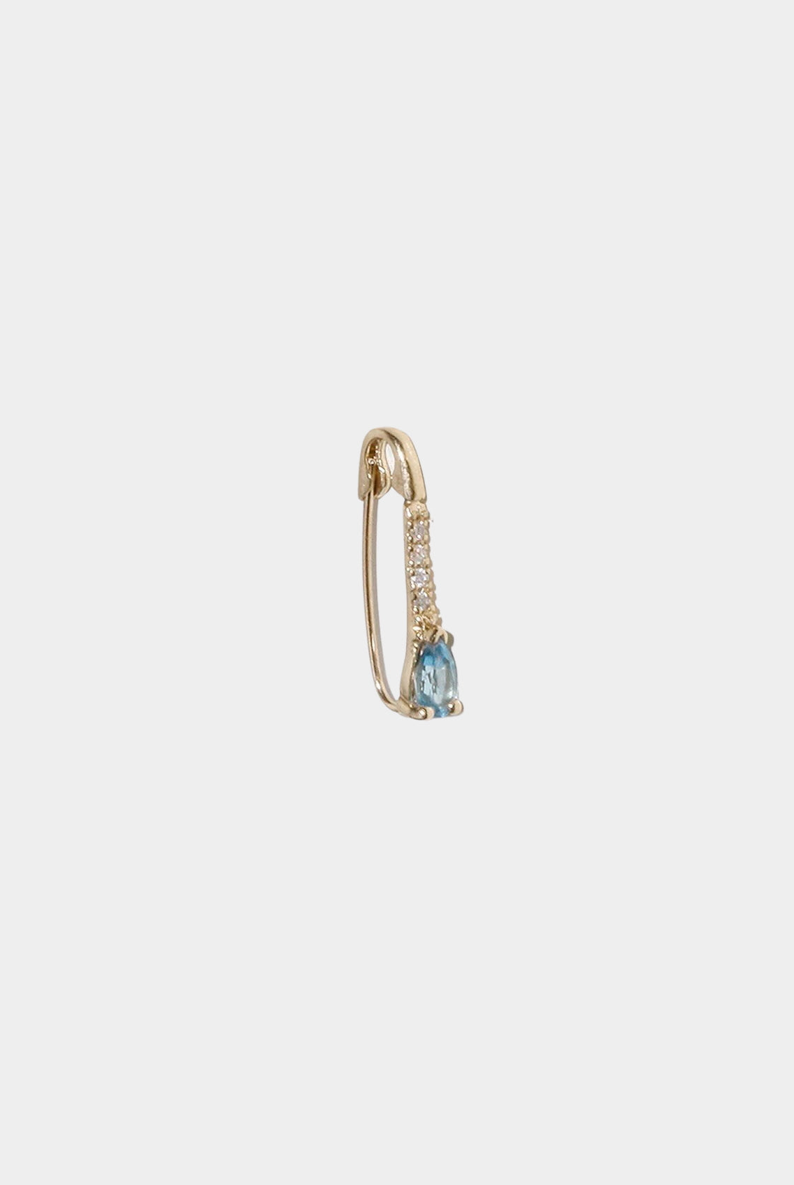 14K gold hinged hoop earring with blue topaz drop and diamond detail.