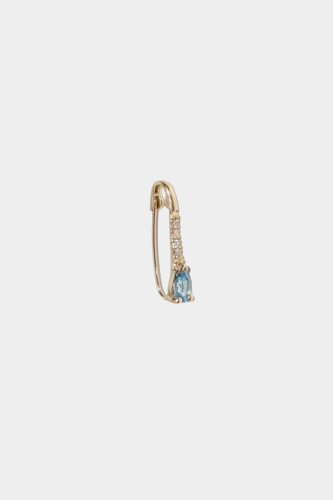 14K gold hinged hoop earring with blue topaz drop and diamond detail.
