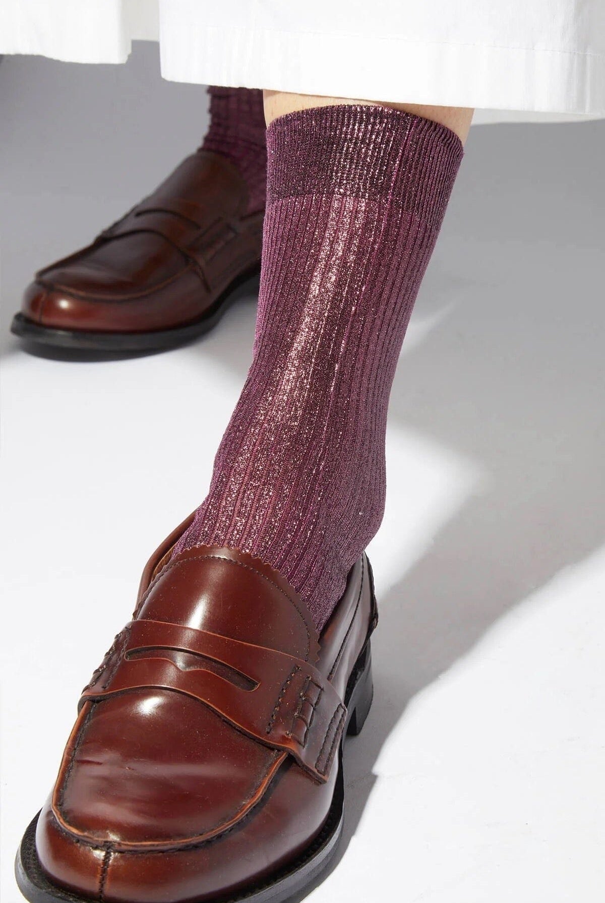 Maria La Rosa - One Ribbed Laminated Sock - Bordeaux - Socks - YUCCA, Artistic clothing for women, boutique stores near me.