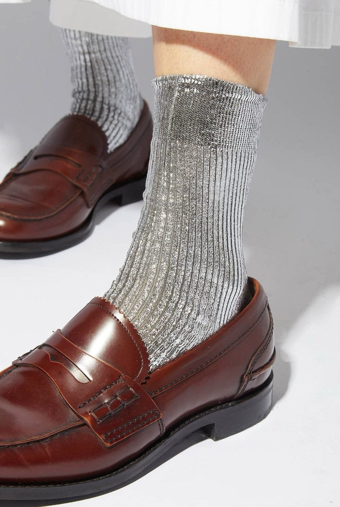 Maria La Rosa - One Ribbed Laminated Socks - Silver - Socks - YUCCA, boutique near me, unique socks, Italian socks.