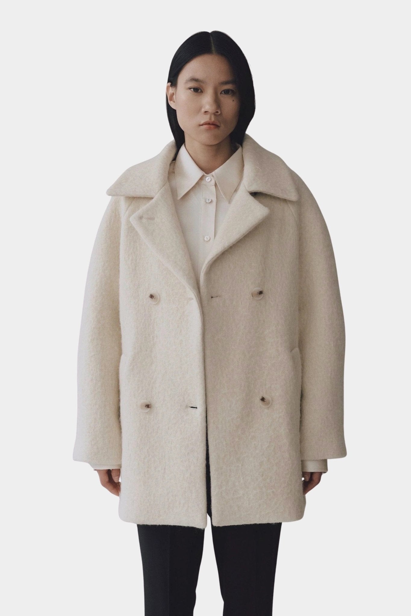 Wool & Alpaca Blend Boucle Coat, Cream | YUCCA
