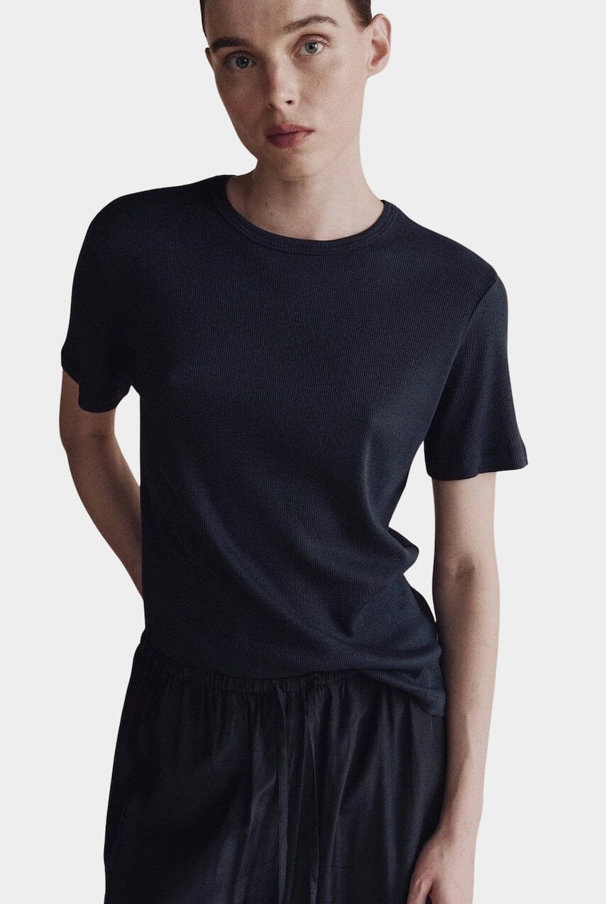 Mijeong Park | Cotton Tencel Ribbed T-Shirt in Navy - SHOP YUCCA Shirts & Tops MIJEONG PARK - YUCCA, Yucca store Denver, women’s clothing boutique near me, high quality capsule wardrobe, boutiques near me, women’s high quality tops.