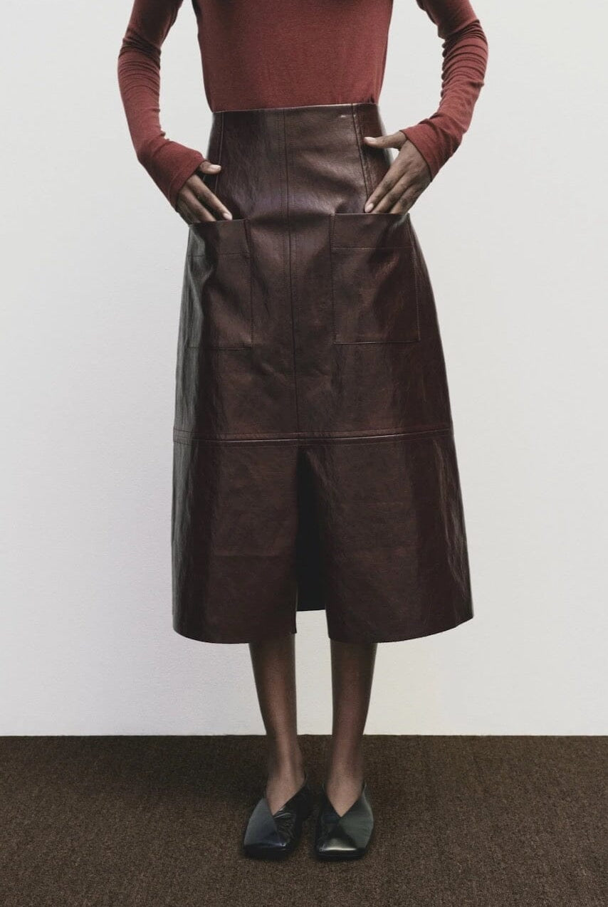 Mijeong Park - Faux Leather Skirt - Burgundy - Skirts - YUCCA, women’s elevated skirts, clothing boutiques near me.