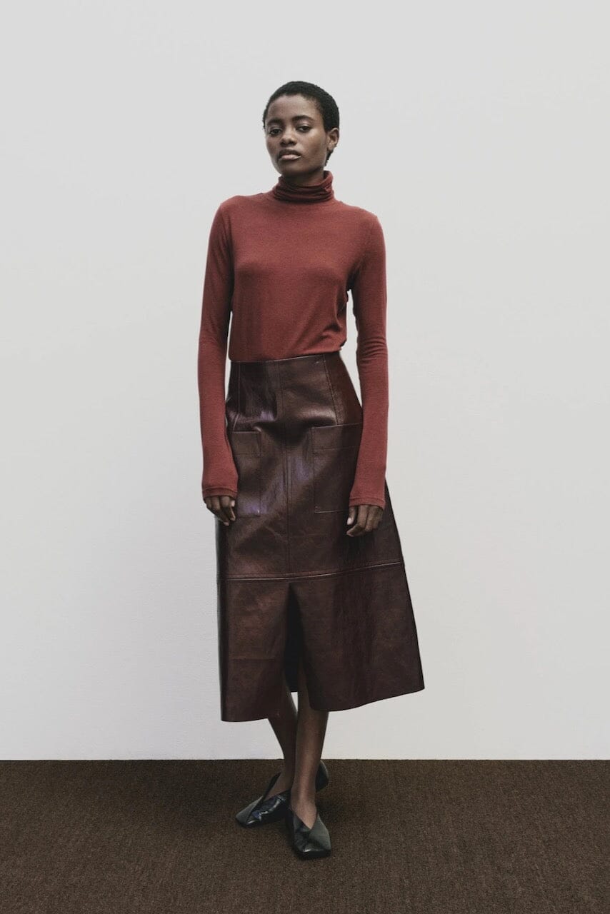 Mijeong Park - Faux Leather Skirt - Burgundy - Skirts - YUCCA, women’s elevated skirts, clothing boutiques near me.