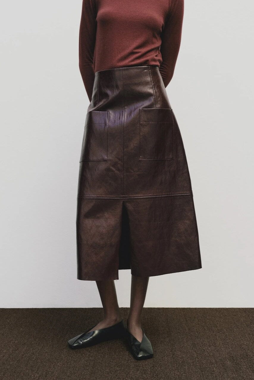Mijeong Park - Faux Leather Skirt - Burgundy - Skirts - YUCCA, women’s elevated skirts, clothing boutiques near me.
