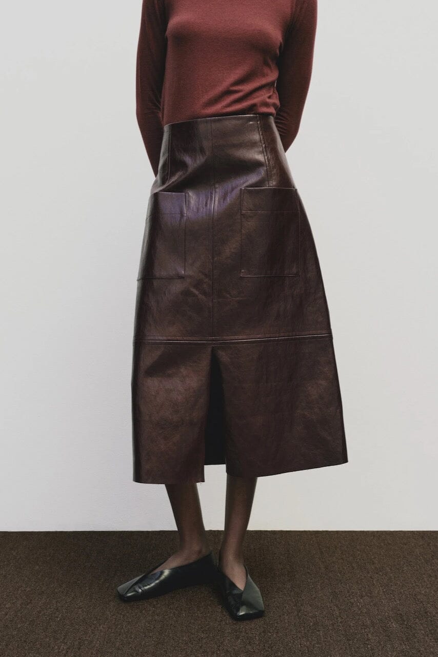 Mijeong Park - Faux Leather Skirt - Burgundy - Skirts - YUCCA, women’s elevated skirts, clothing boutiques near me.
