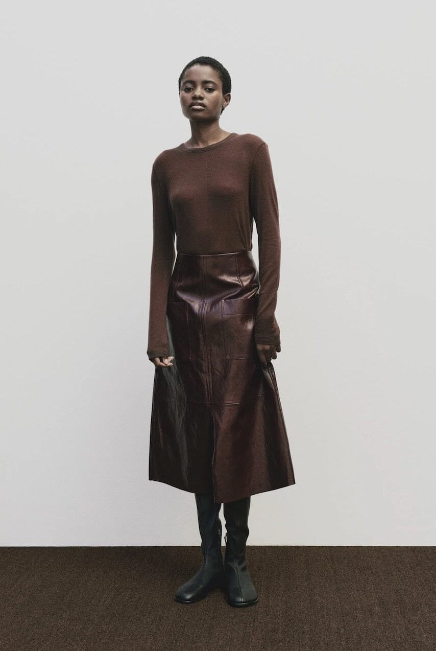 Mijeong Park - Faux Leather Skirt - Burgundy - Skirts - YUCCA, women’s elevated skirts, clothing boutiques near me.