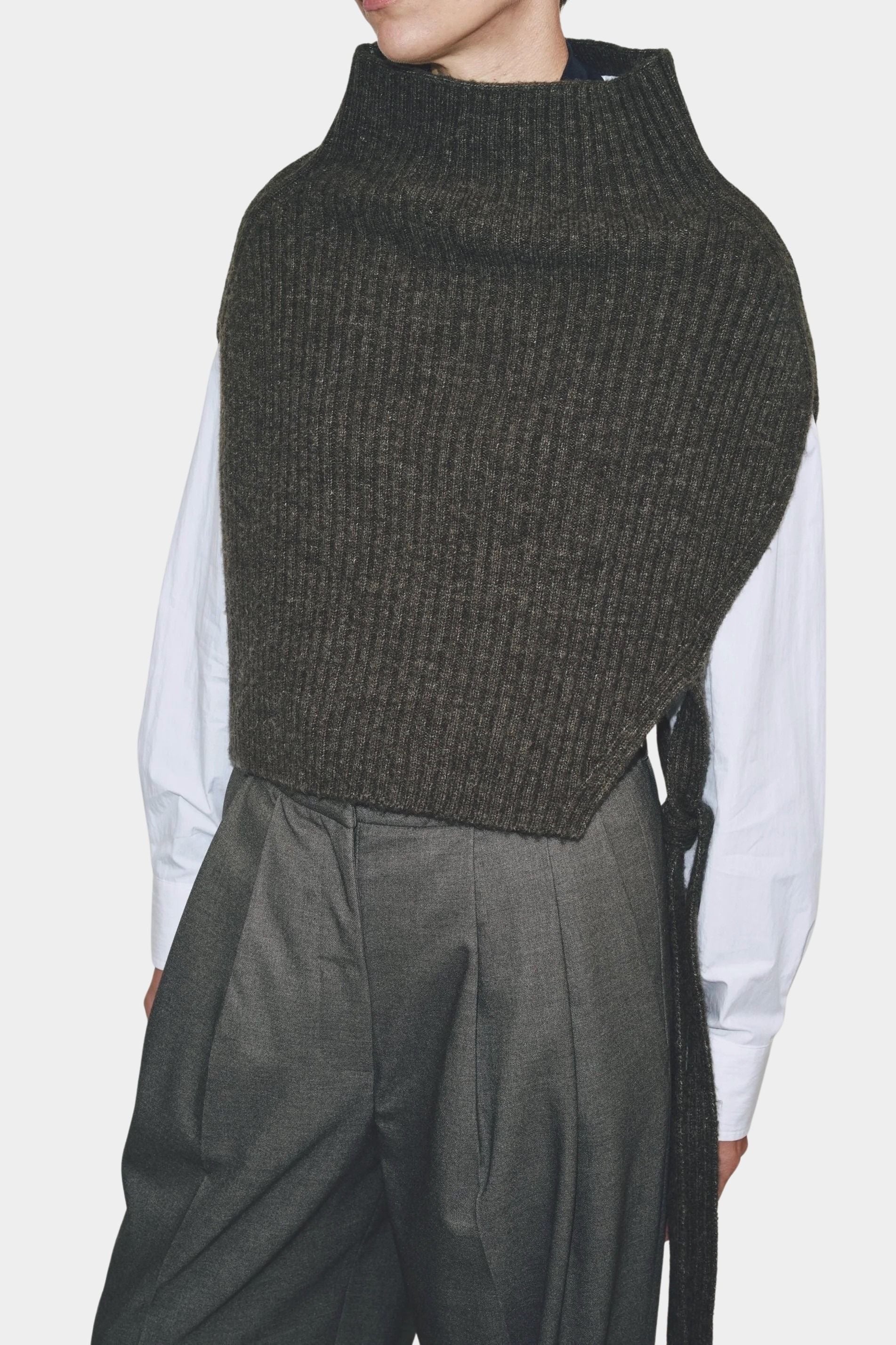 Side view ribbed wool blend neck warmer with adjustable tie detail