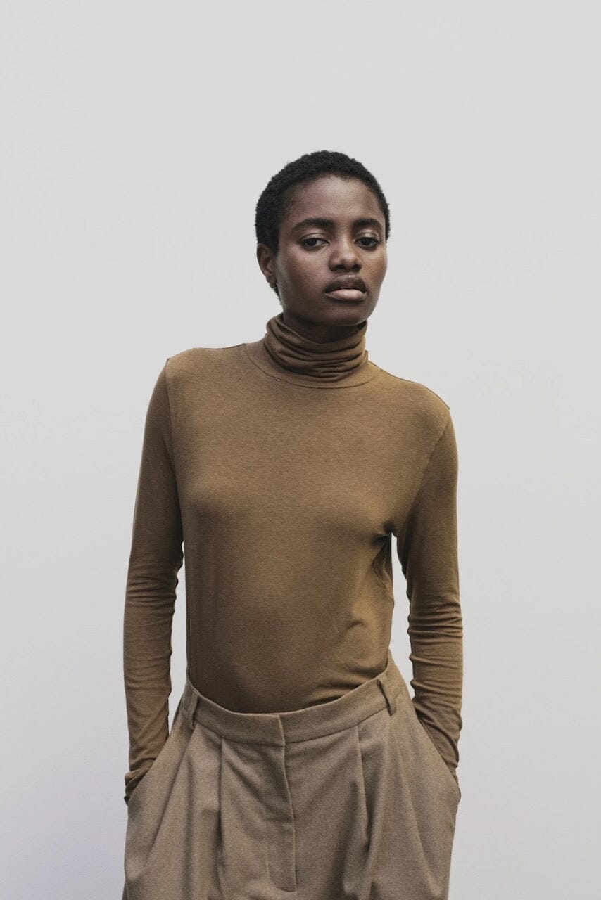 Mijeong Park - Roll Neck Jersey Top - Light Brown - Shirts & Tops - YUCCA, shop local Denver, women’s clothing boutique .
