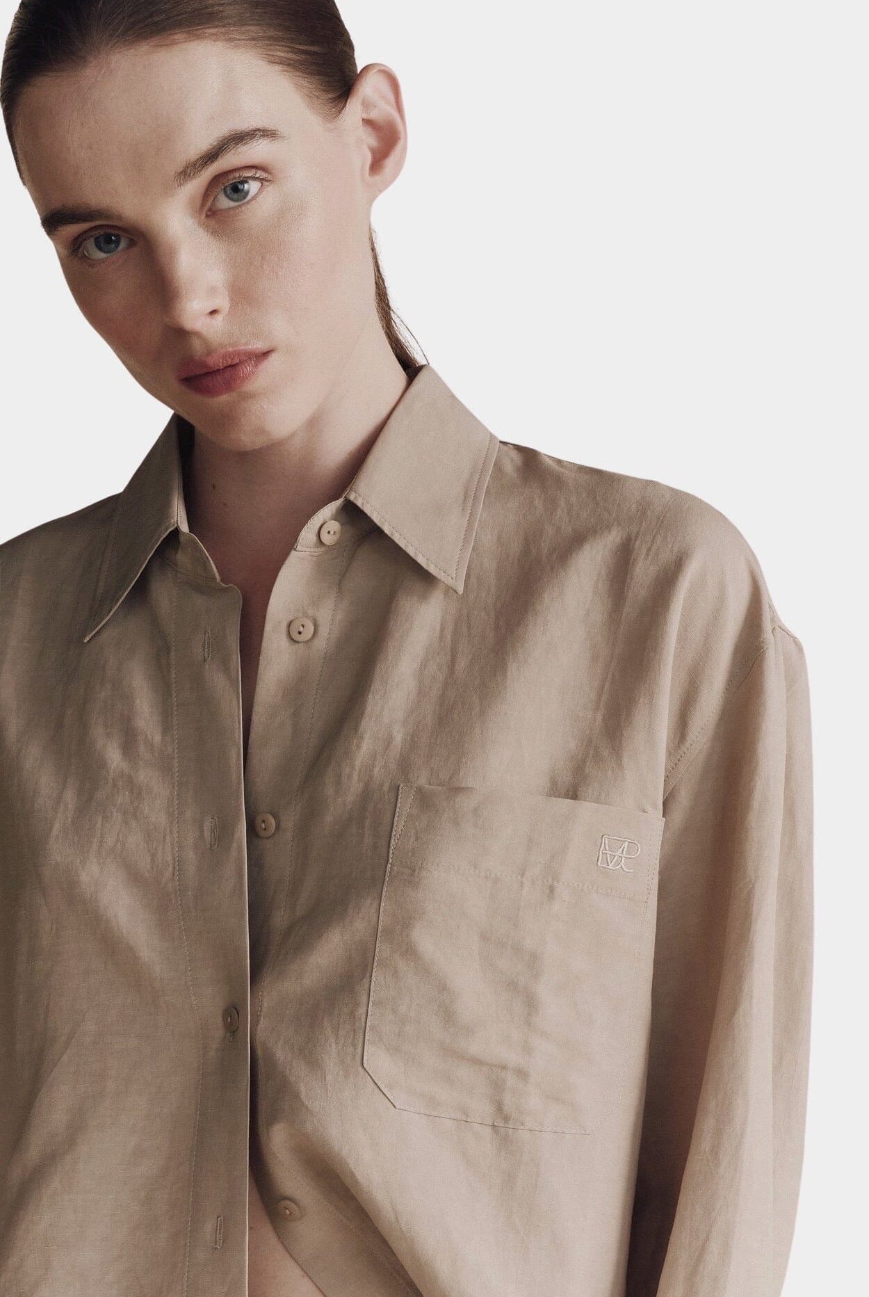 Mijeong Park | Silk Linen Oversized Shirt In Light Khaki - SHOP YUCCA Shirts & Tops MIJEONG PARK - YUCCA, Yucca store Denver, women’s clothing boutique near me, high quality capsule wardrobe, boutiques near me, women’s high quality tops.