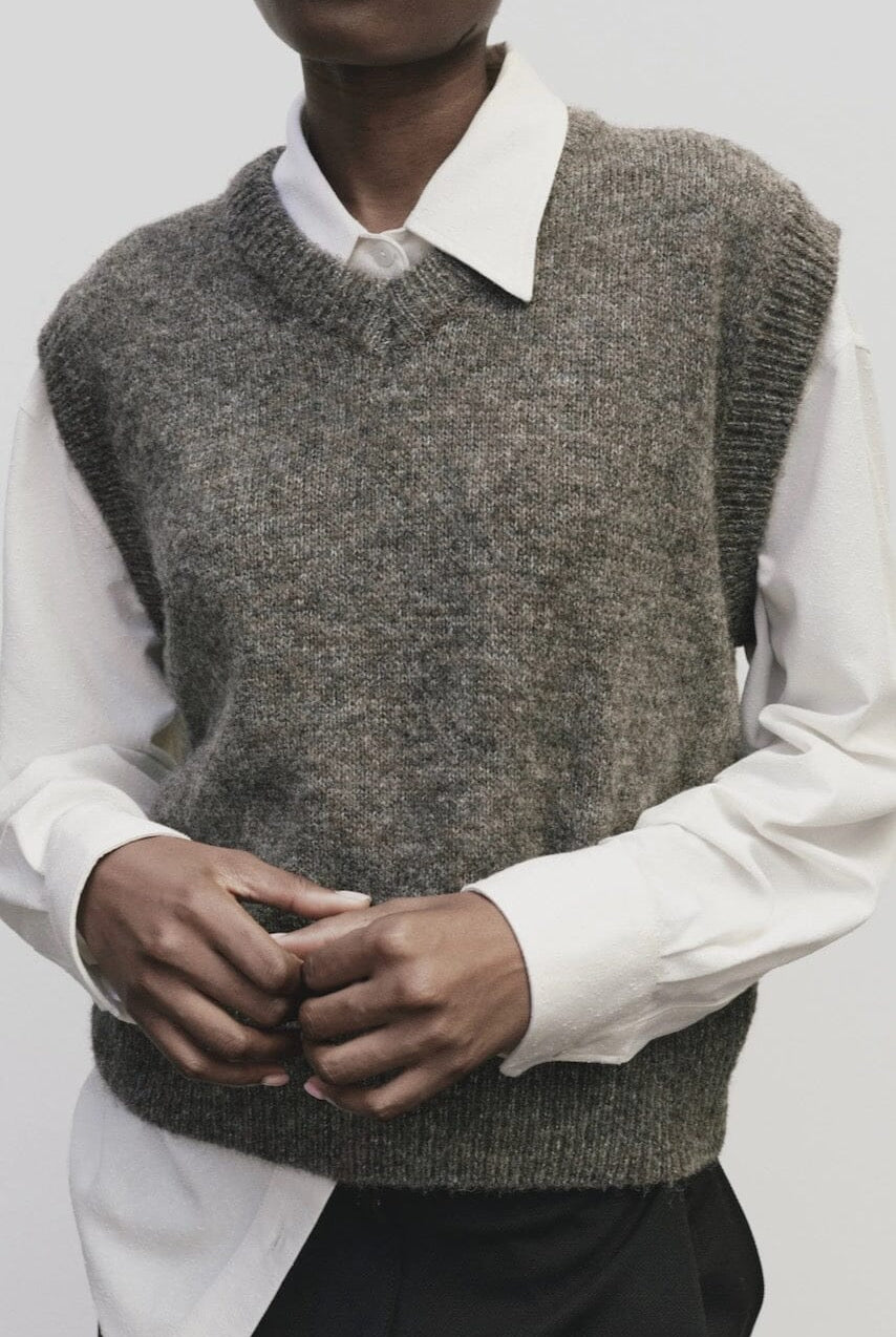 Mijeong Park - Wool Blend V-Neck Vest - Heather Brown - Shirts & Tops - YUCCA, boutique near me, women’s quality knitwear.