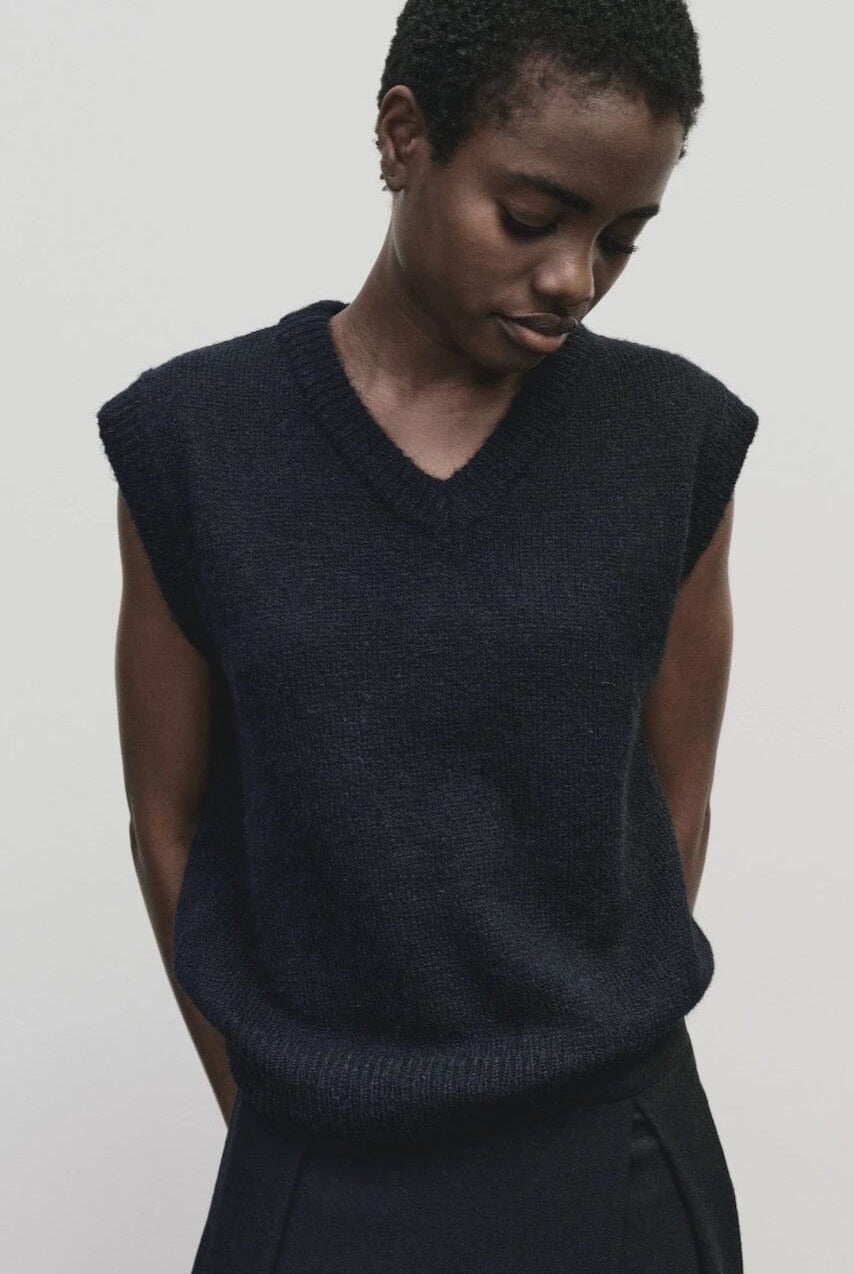 Mijeong Park - Wool Blend V-Neck Vest - Navy - Shirts & Tops - YUCCA, Yucca store Denver, women’s clothing boutique near me.