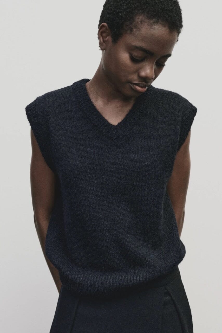 Mijeong Park - Wool Blend V-Neck Vest - Navy - Shirts & Tops - YUCCA, Yucca store Denver, women’s clothing boutique near me.