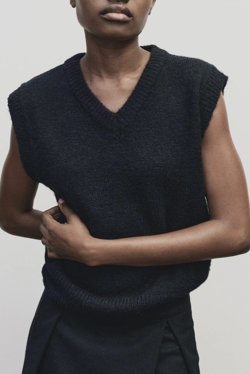 Mijeong Park - Wool Blend V-Neck Vest - Navy - Shirts & Tops - YUCCA, Yucca store Denver, women’s clothing boutique near me.