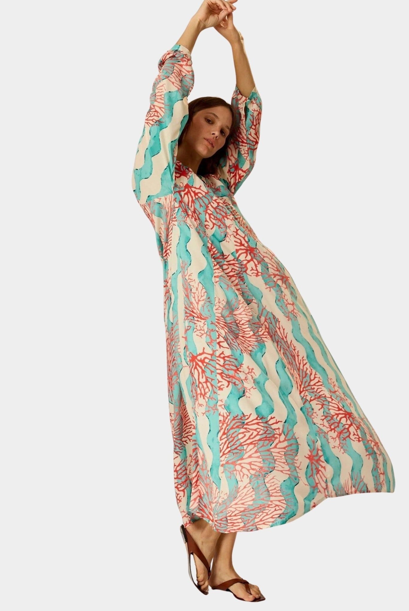 Natalie Martin | Fiore Maxi Dress In Coral Wave Turquoise - SHOP YUCCA Dresses NATALIE MARTIN - YUCCA, Women’s clothing store Denver, boutique stores near me, capsule wardrobe, women’s elevated basics, casual dresses Denver.