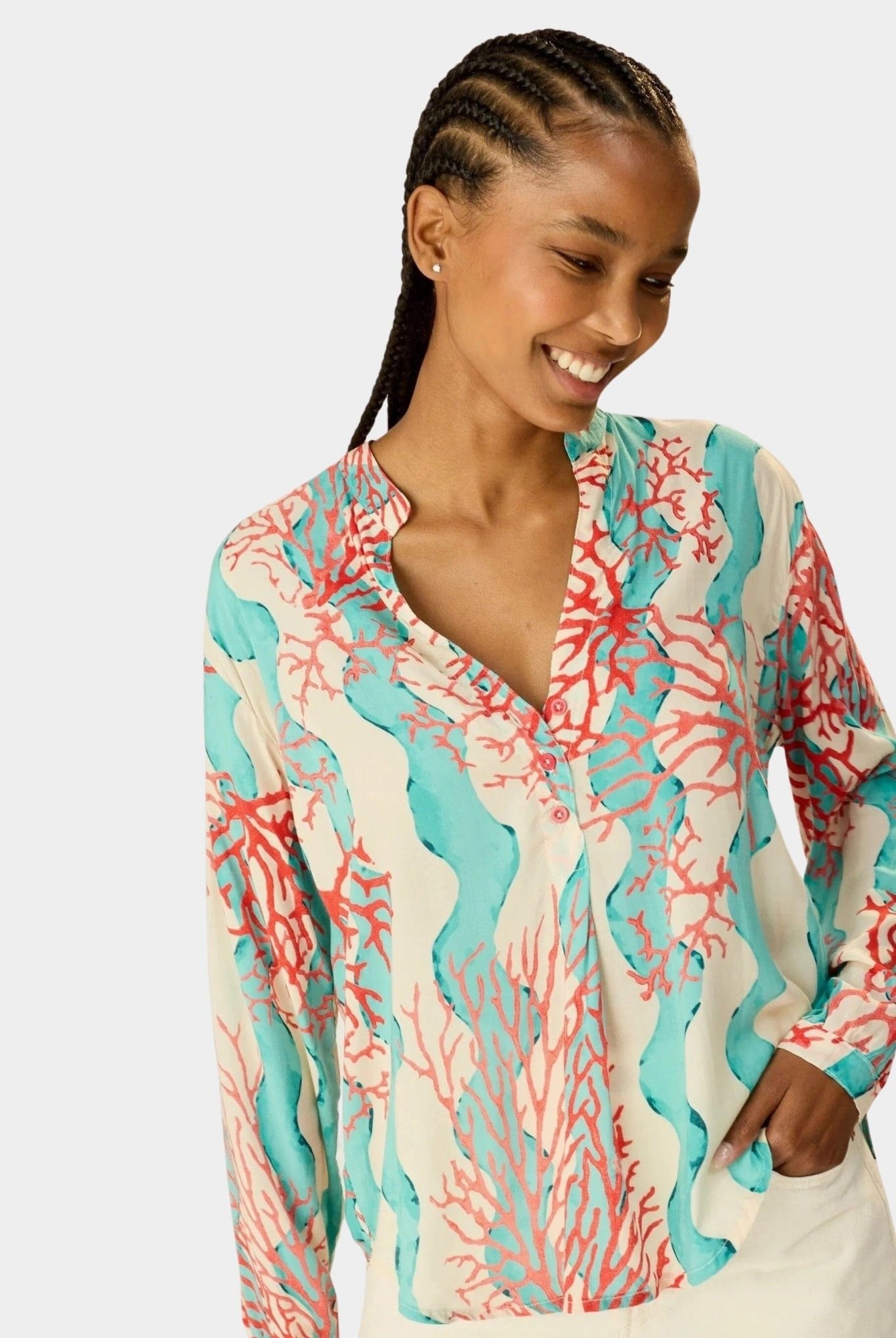 NATALIE MARTIN | Leslie Shirt - Coral Wave Turquoise - Tops & Tees -  SHOP YUCCA, Boutiques Denver, stylish tops for women, cherry creek boutique, high quality casual tops.