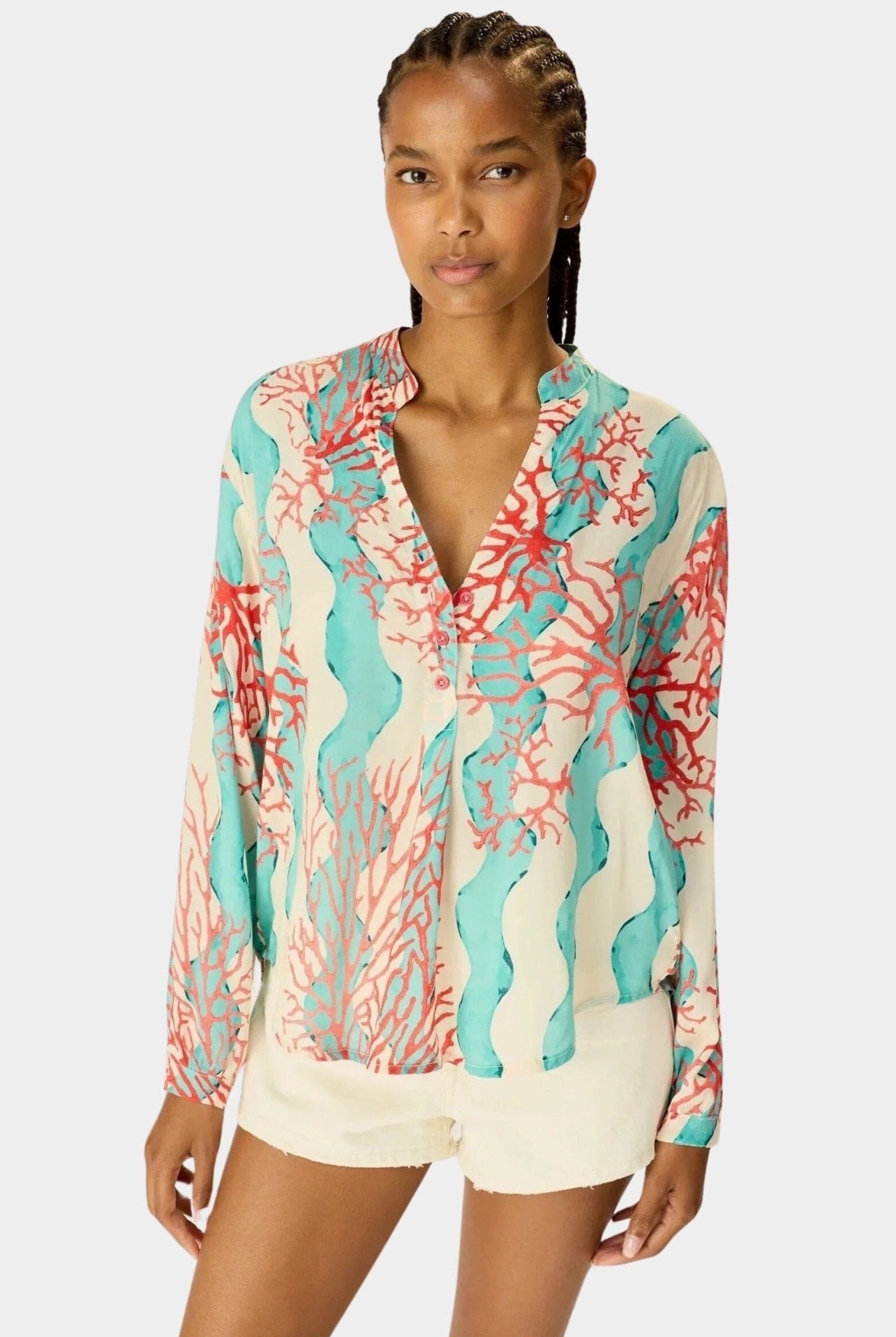 NATALIE MARTIN | Leslie Shirt - Coral Wave Turquoise - Tops & Tees -  SHOP YUCCA, Boutiques Denver, stylish tops for women, cherry creek boutique, high quality casual tops.