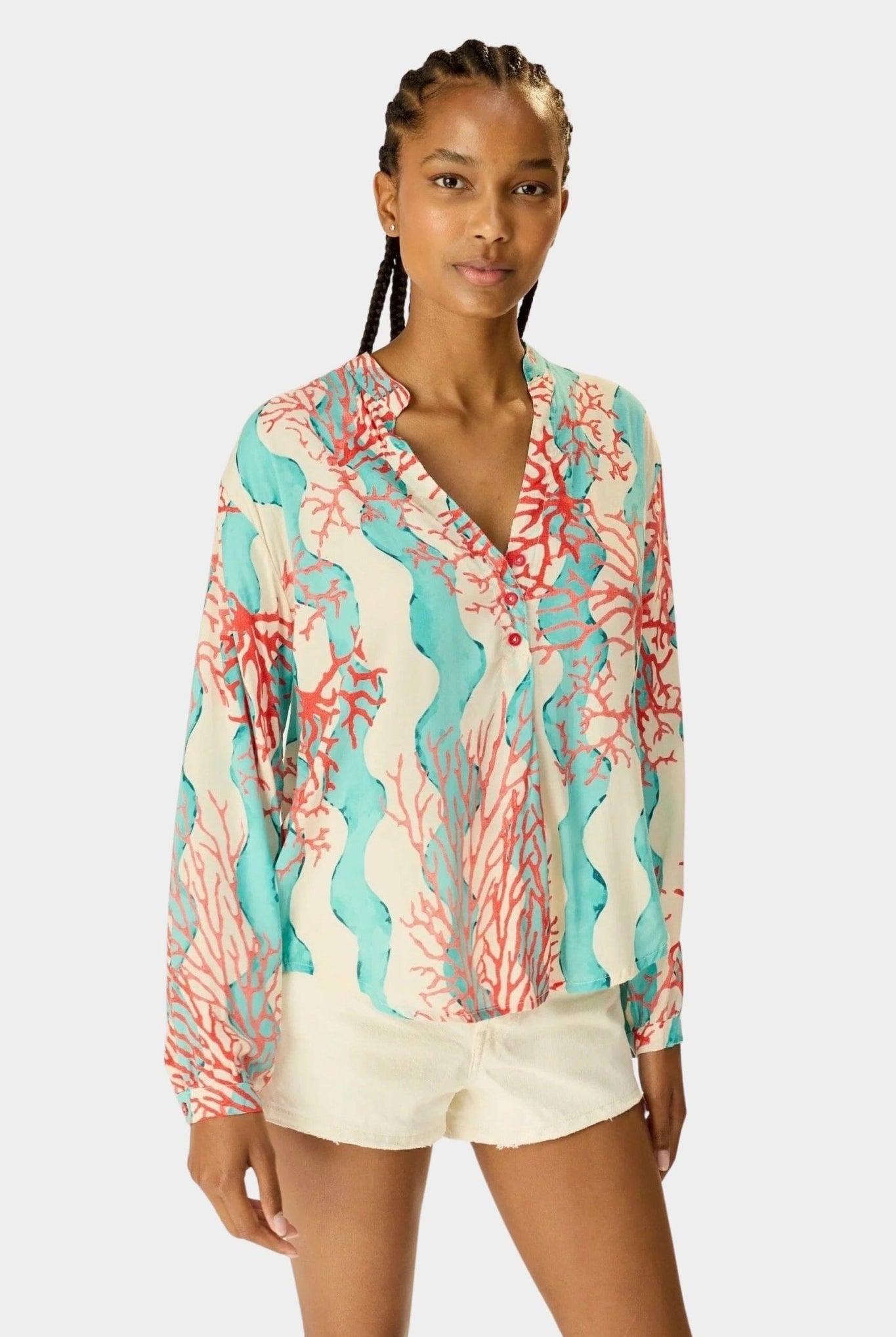 NATALIE MARTIN | Leslie Shirt - Coral Wave Turquoise - Tops & Tees -  SHOP YUCCA, Boutiques Denver, stylish tops for women, cherry creek boutique, high quality casual tops.