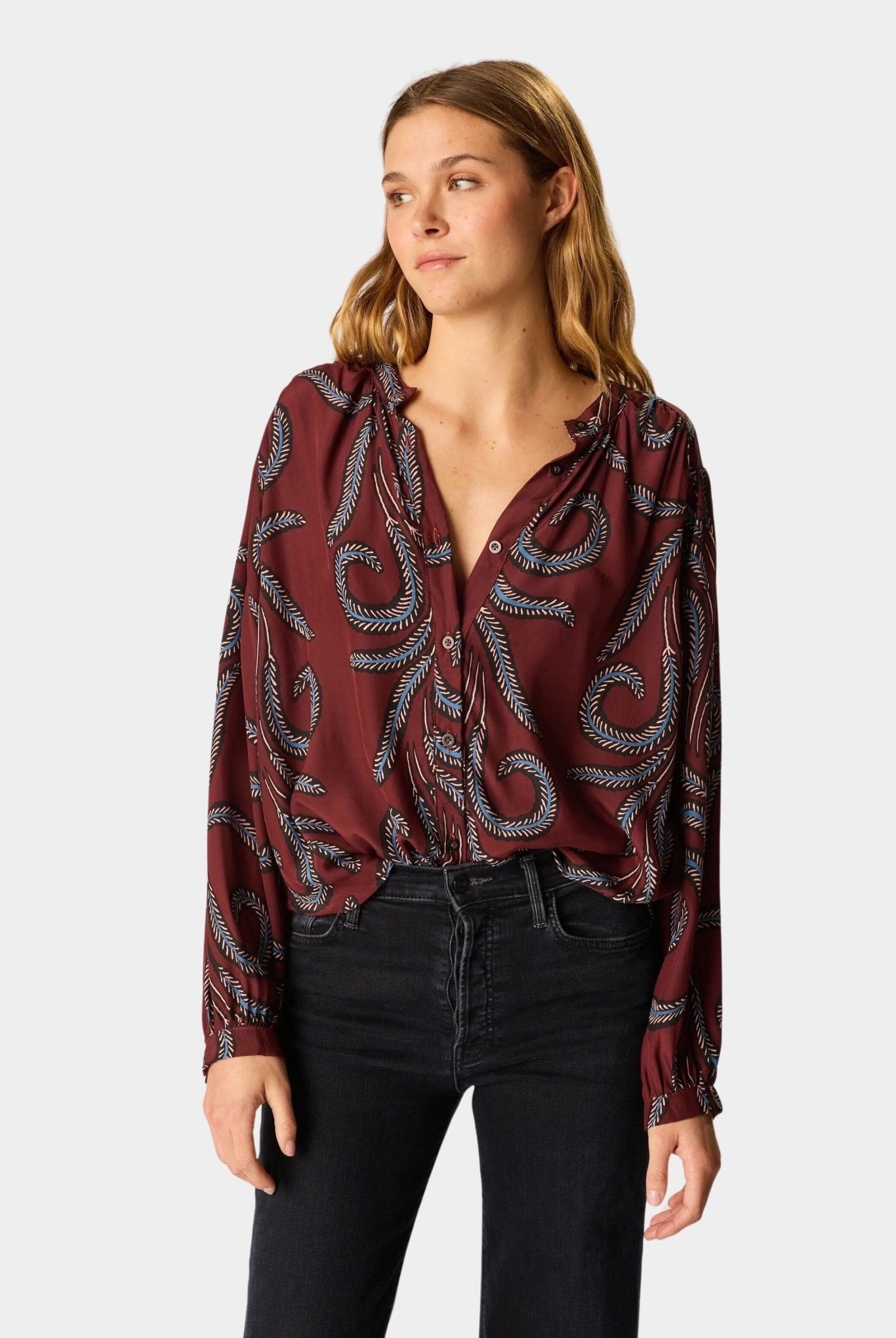Natalie Martin - Tolan Shirt - Feather Bordeaux - Tops & Tees - YUCCA, Boutiques Denver, stylish tops for women.