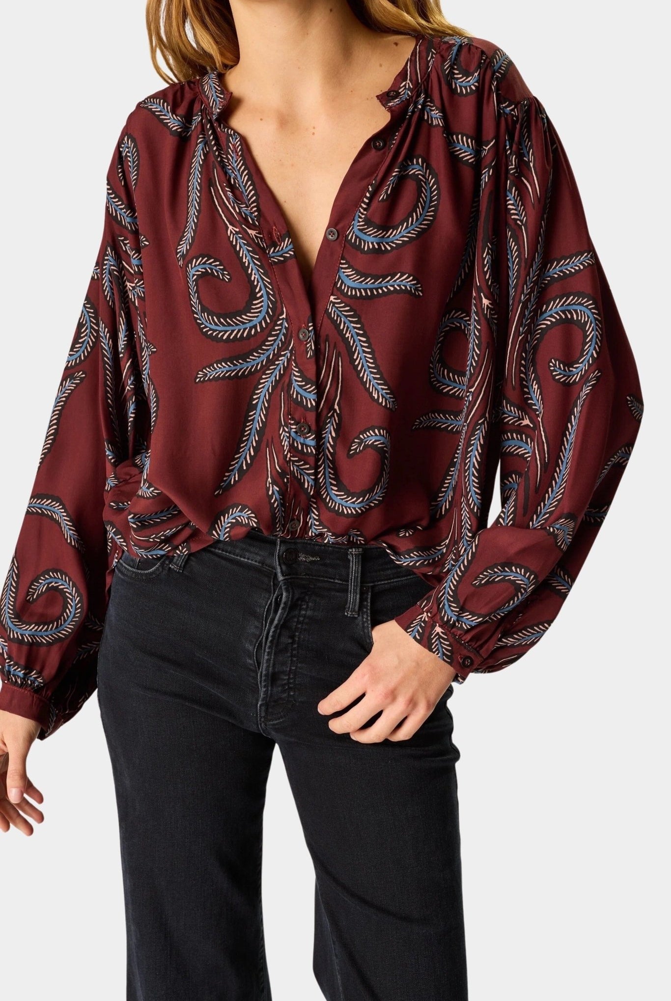 Natalie Martin - Tolan Shirt - Feather Bordeaux - Tops & Tees - YUCCA, Boutiques Denver, stylish tops for women.
