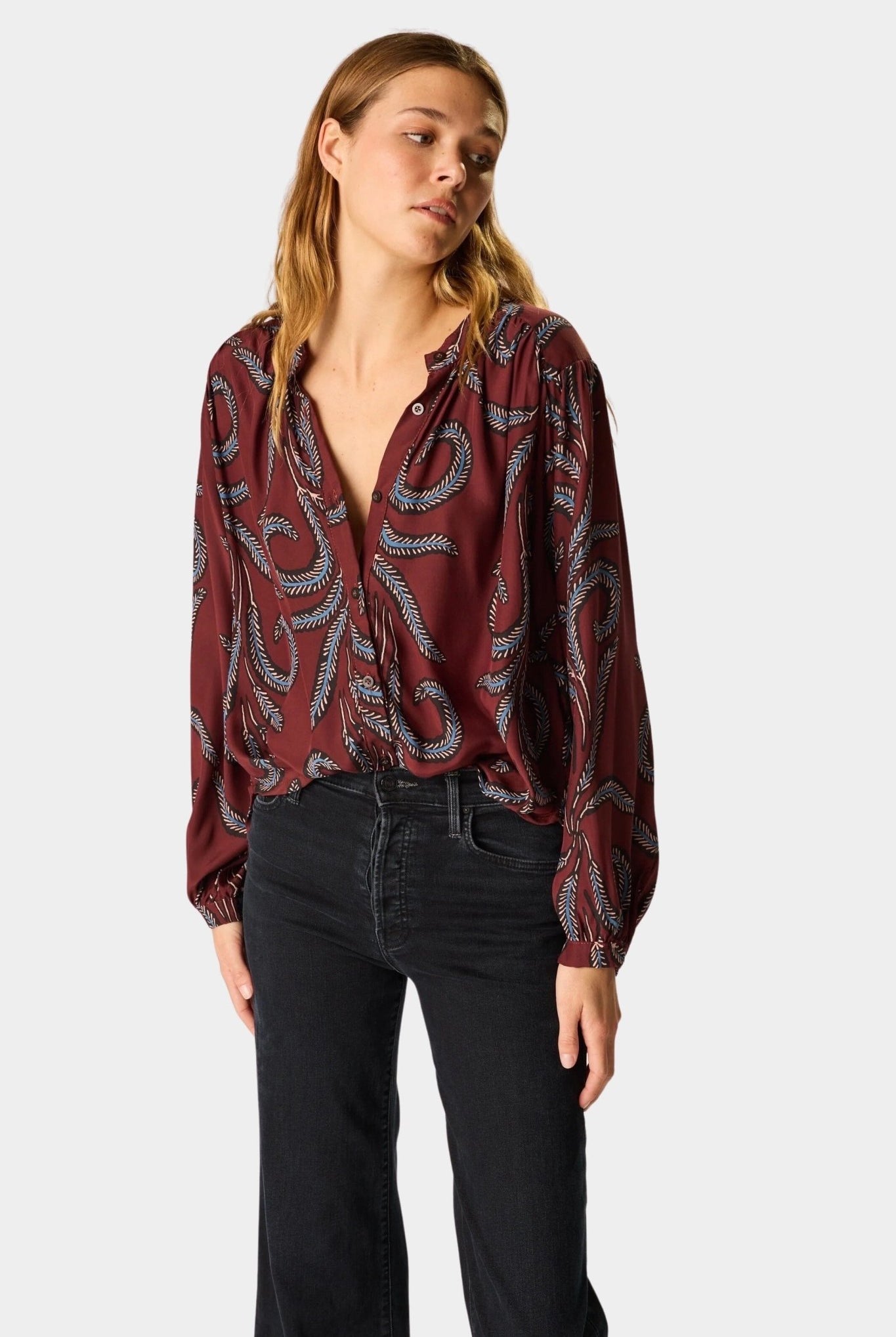 Natalie Martin - Tolan Shirt - Feather Bordeaux - Tops & Tees - YUCCA, Boutiques Denver, stylish tops for women.