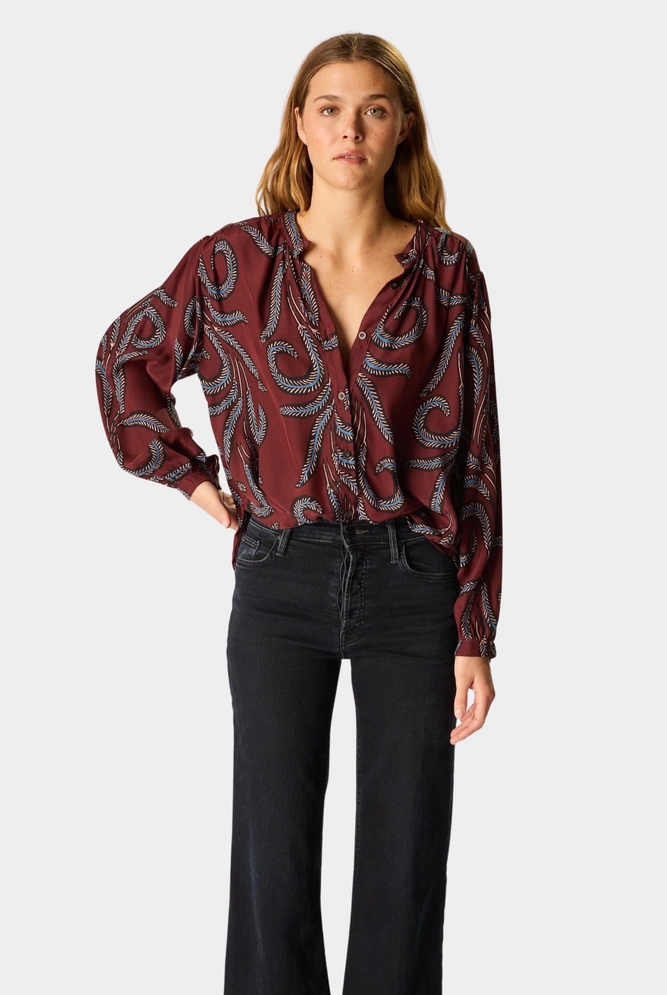 Natalie Martin - Tolan Shirt - Feather Bordeaux - Tops & Tees - YUCCA, Boutiques Denver, stylish tops for women.
