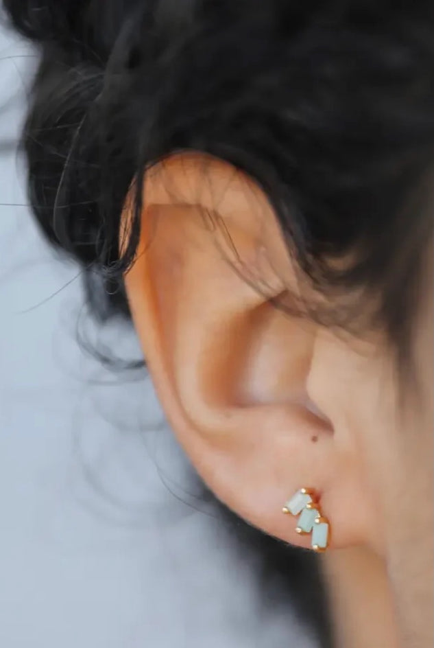 Earrings - YUCCA, amazonite offset trio stud earrings with gold plating and sterling silver posts, modern everyday jewelry.