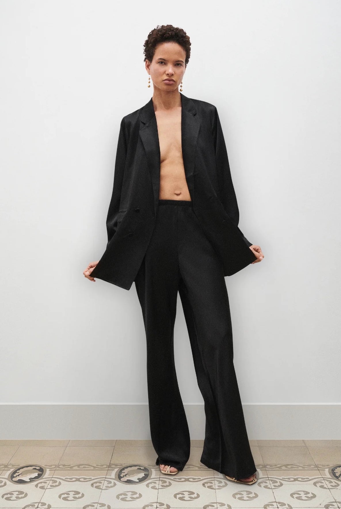 Silk Laundry black silk bias pants worn with tailored silk blazer