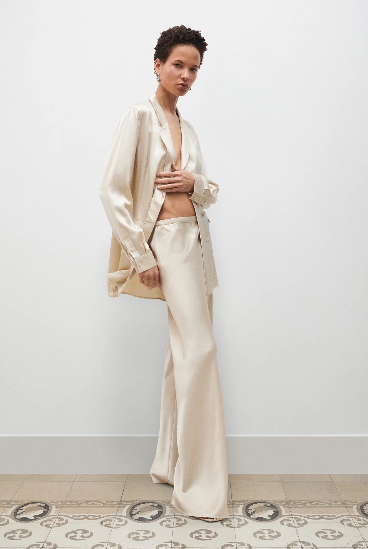Silk Laundry hazelnut bias cut silk pants styled with matching silk blazer