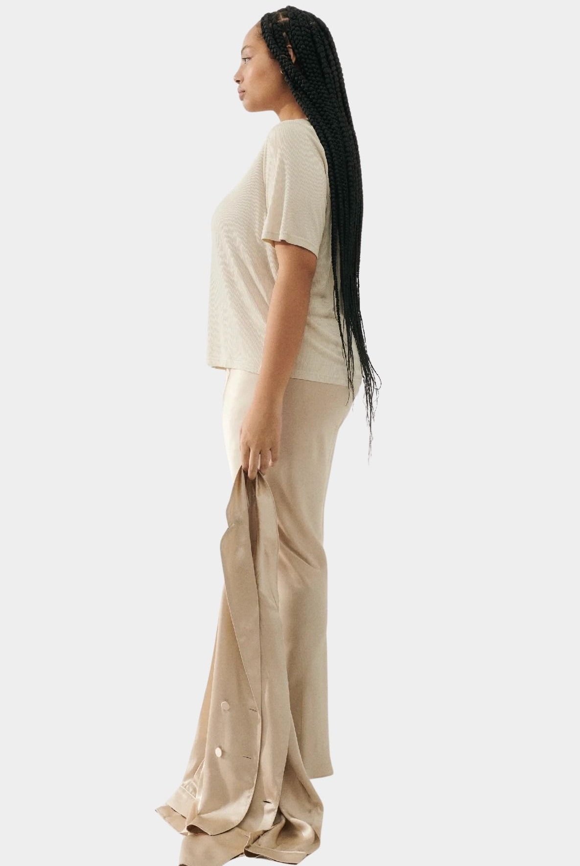 Silk Laundry bias cut silk pants in hazelnut side silhouette view