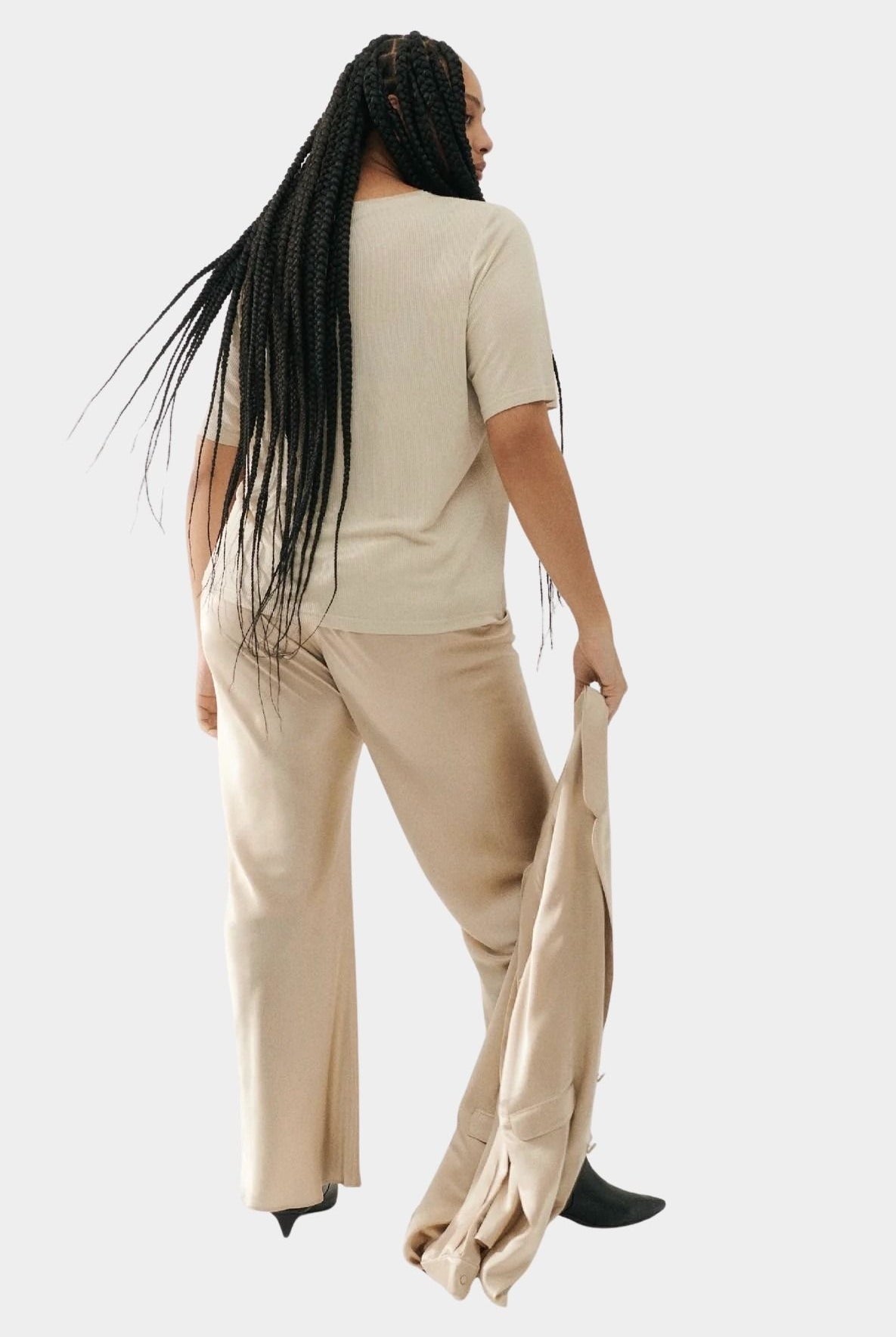 Silk Laundry hazelnut silk satin bias pants worn with silk shirt