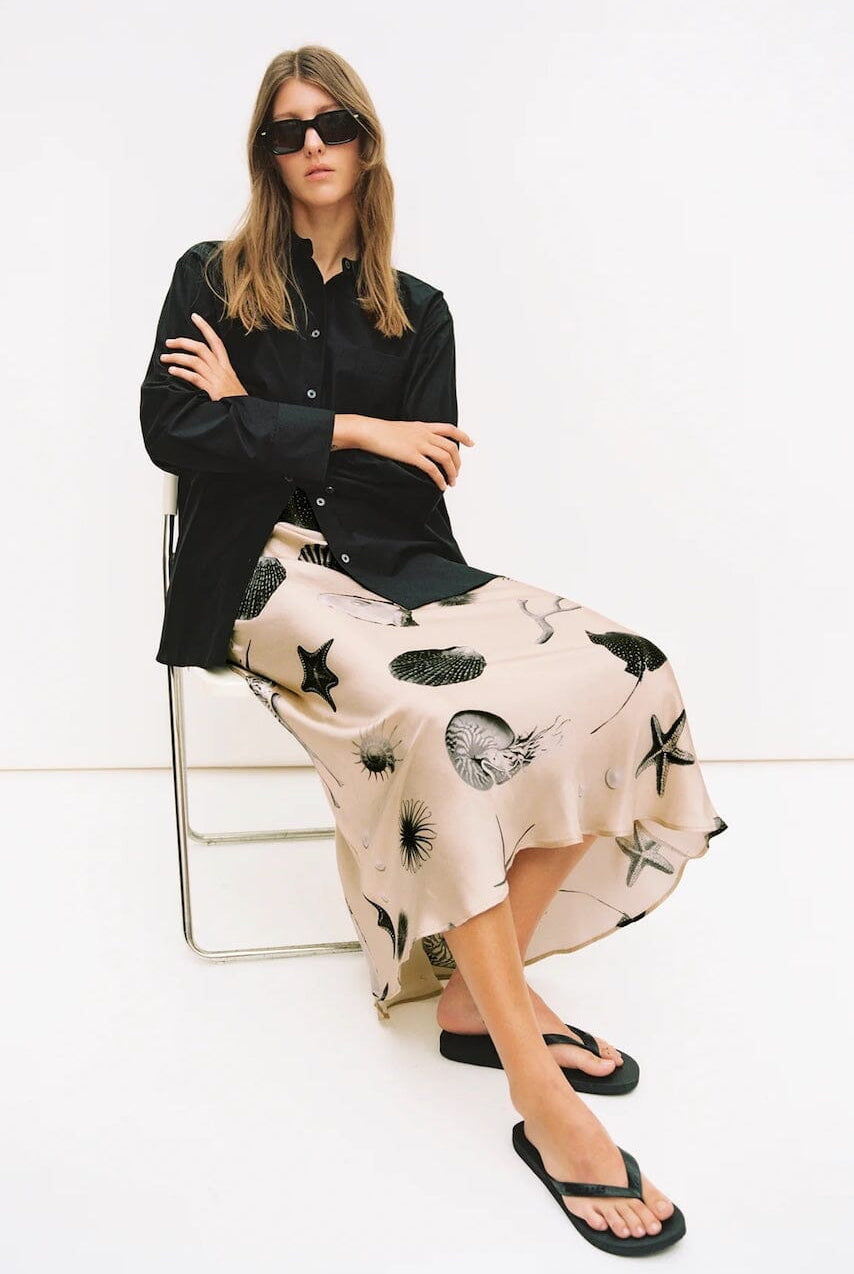 SILK LAUNDRY | Long Bias Cut Skirt - Seashells - SHOP YUCCA Skirts SILK LAUNDRY - YUCCA, Women’s clothing store Denver, women’s clothing website, women’s elevated skirts, clothing boutiques near me.
