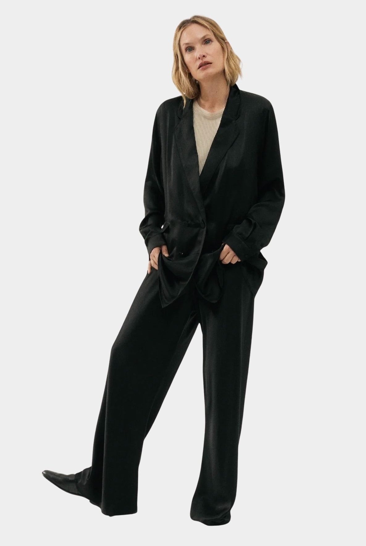 Silk Laundry relaxed silk blazer in black styled with wide leg silk pants