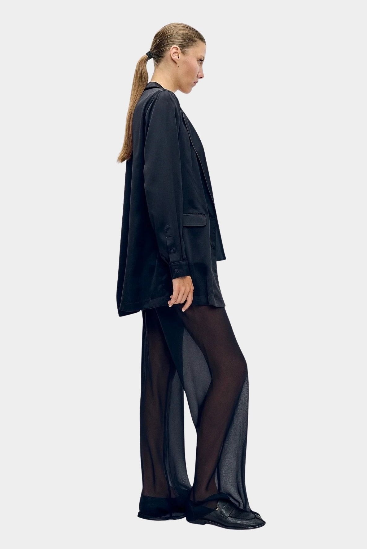 Silk Laundry black silk blazer with soft tailoring and fluid drape