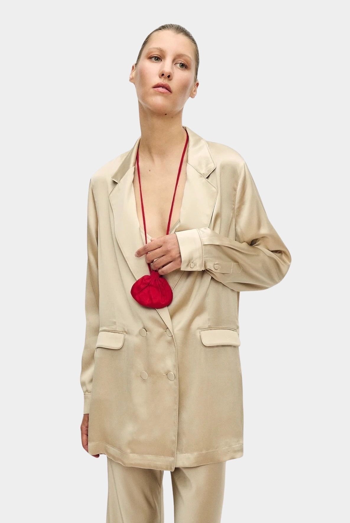 Silk Laundry hazelnut silk blazer with soft tailoring and fluid drape