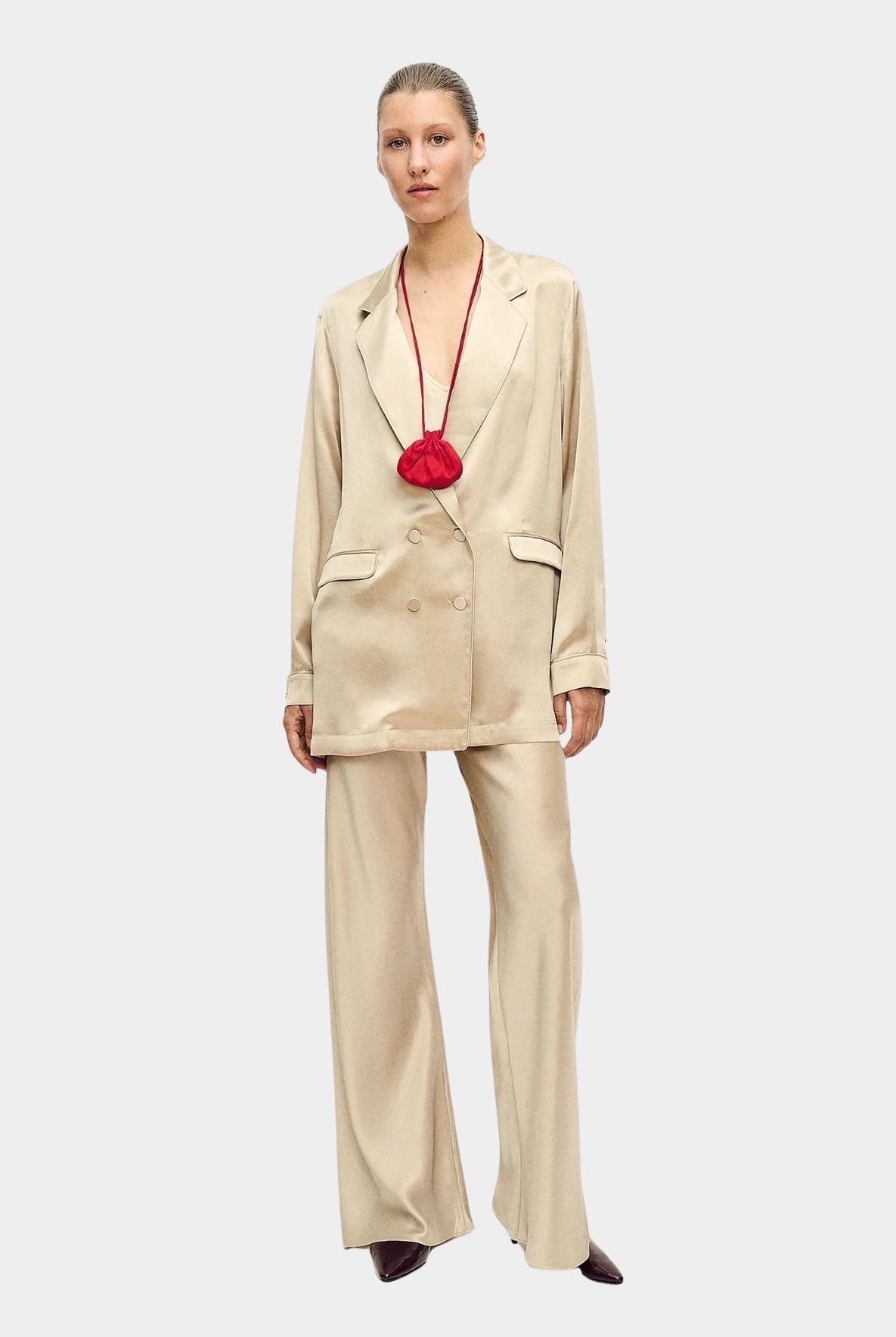 Silk Laundry hazelnut silk relaxed blazer with double breasted front