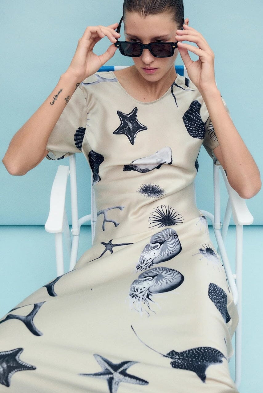 Silk Laundry | Short Sleeve Bias Dress In Seashells - SHOP YUCCA Dresses SILK LAUNDRY - YUCCA, artistic clothing for women, Women’s clothing store Denver, boutique stores near me, capsule wardrobe, women’s elevated basics.