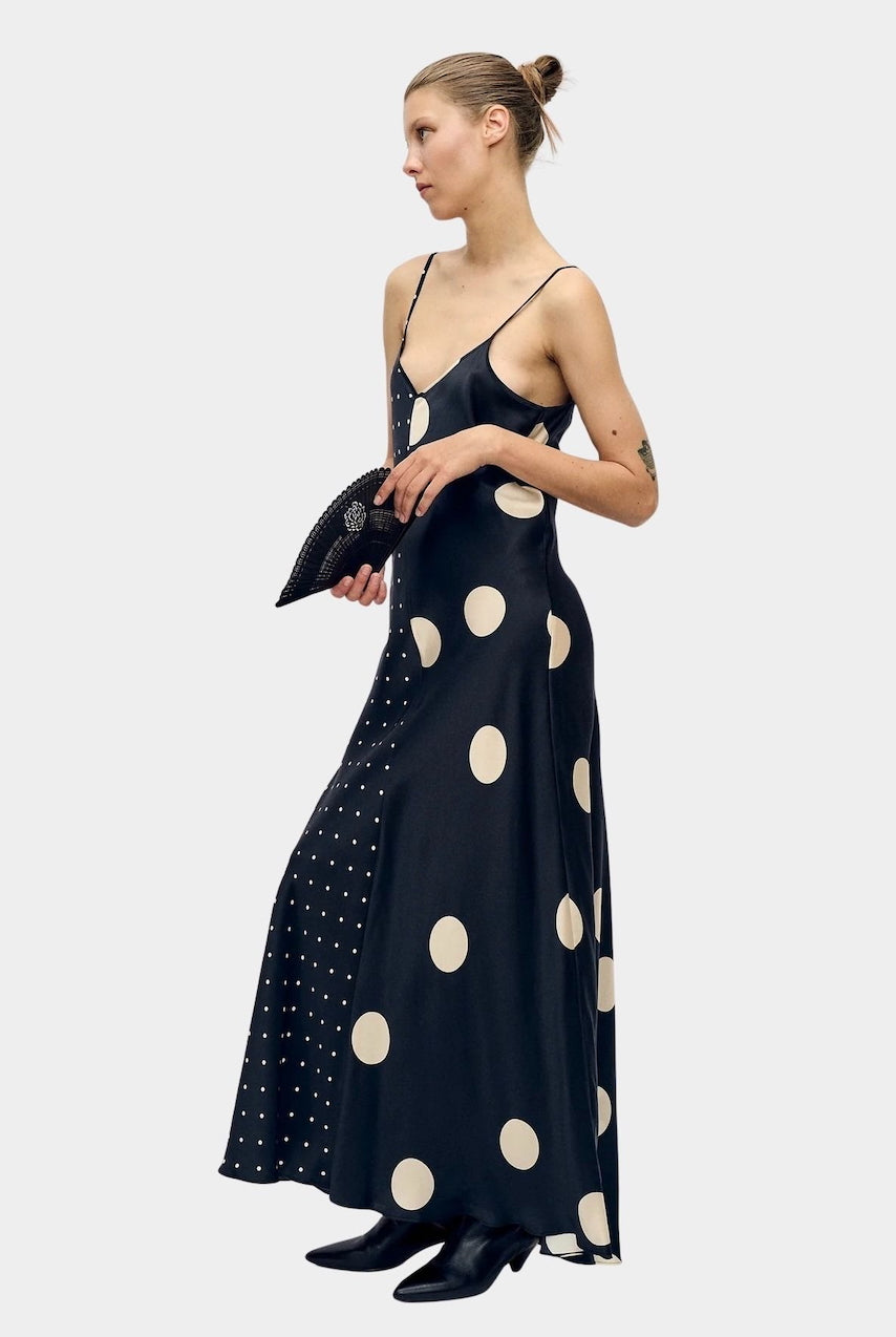 Silk Laundry polka mix silk satin slip dress with mixed scale polka dots