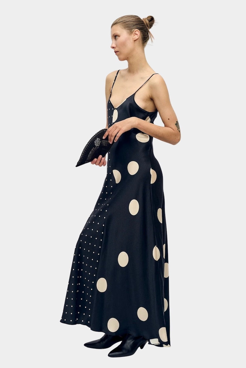 SILK Laundry Full-Length V Neckline Dress | POLKA MIX | Fluid SILK Satin | XS | Shop YUCCA SILK Laundry Full-Length V Neckline Dress | POLKA MIX | Fluid SILK Satin | XS | Shop YUCCA