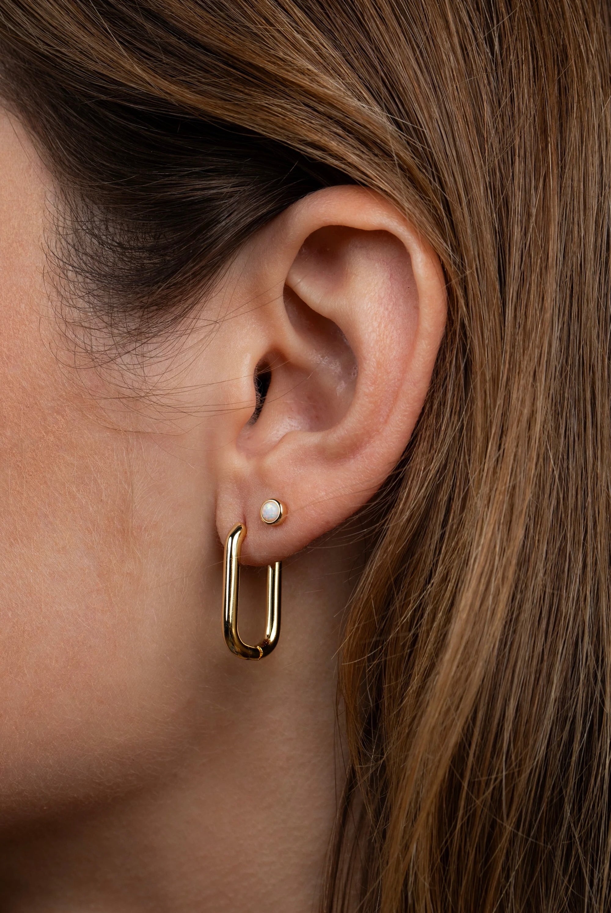 Earrings - YUCCA, white opal round stud earrings with gold plating and sterling silver posts, classic everyday jewelry.