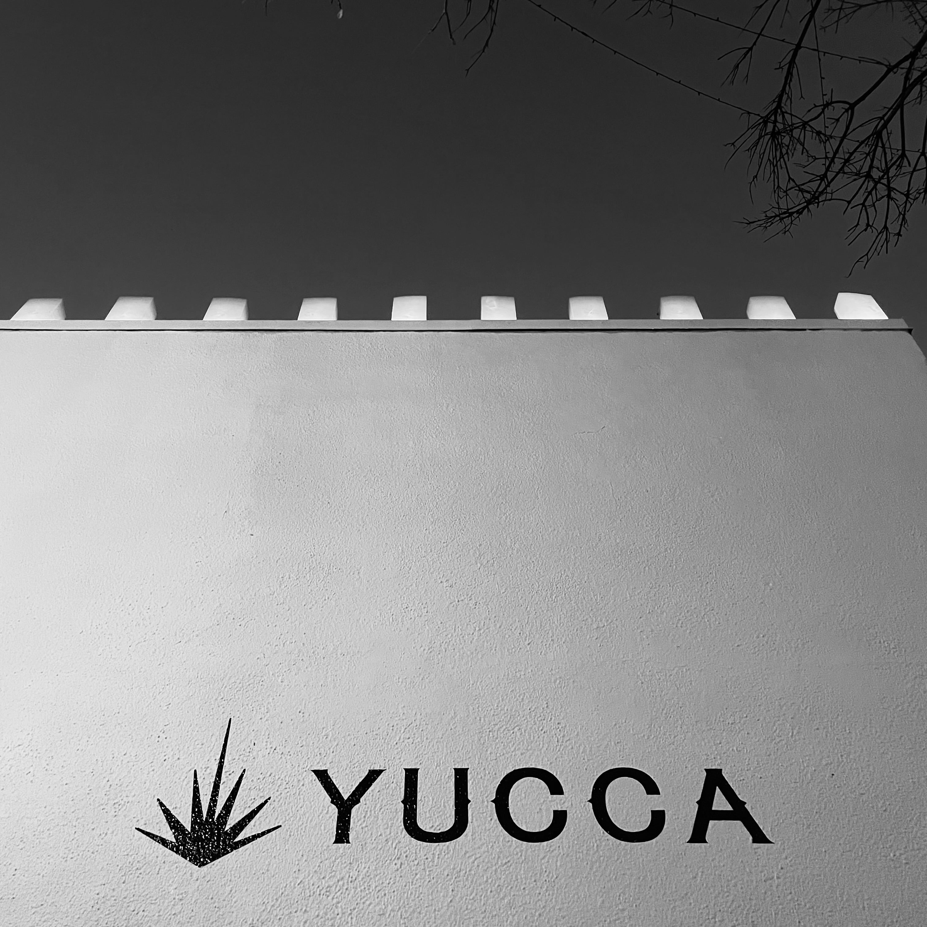 Exterior wall with YUCCA logo in soft evening light