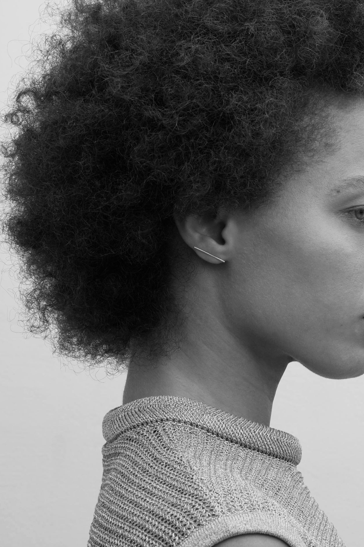 Kathleen Whitaker minimalist silver bar earring worn on model, modern architectural fine jewelry made in Los Angeles