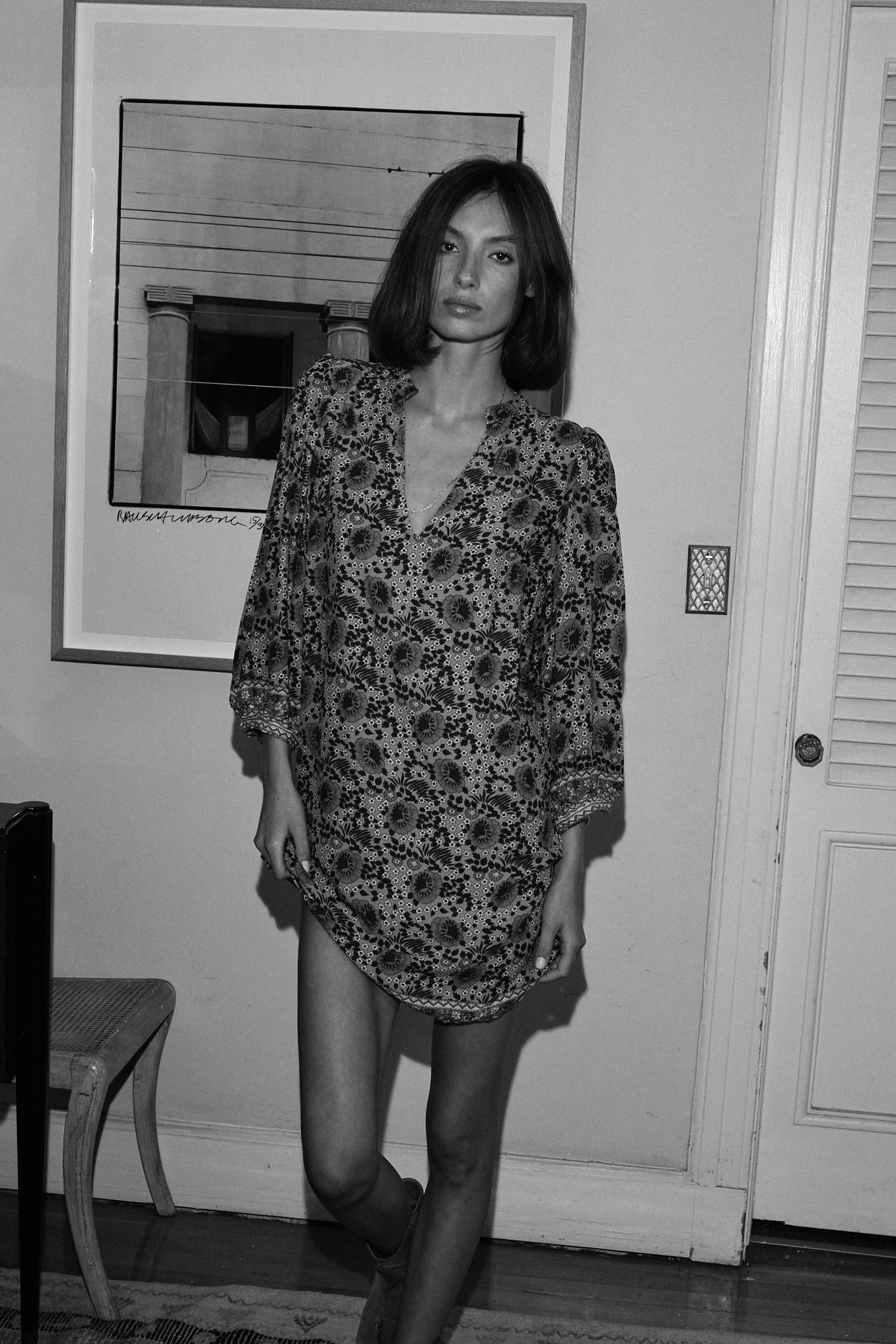 Natalie Martin printed silk dress worn by model in Bali-inspired setting
