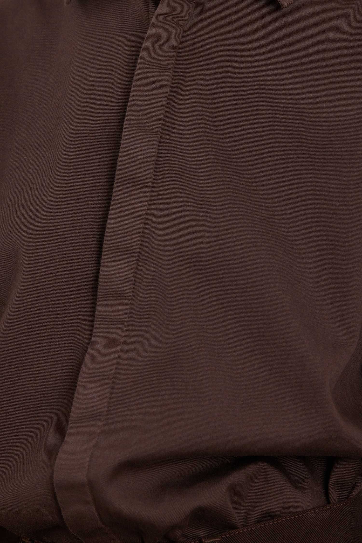Black Crane Work Shirt Dk. Cacao close up showing soft cotton twill texture and concealed button placket
