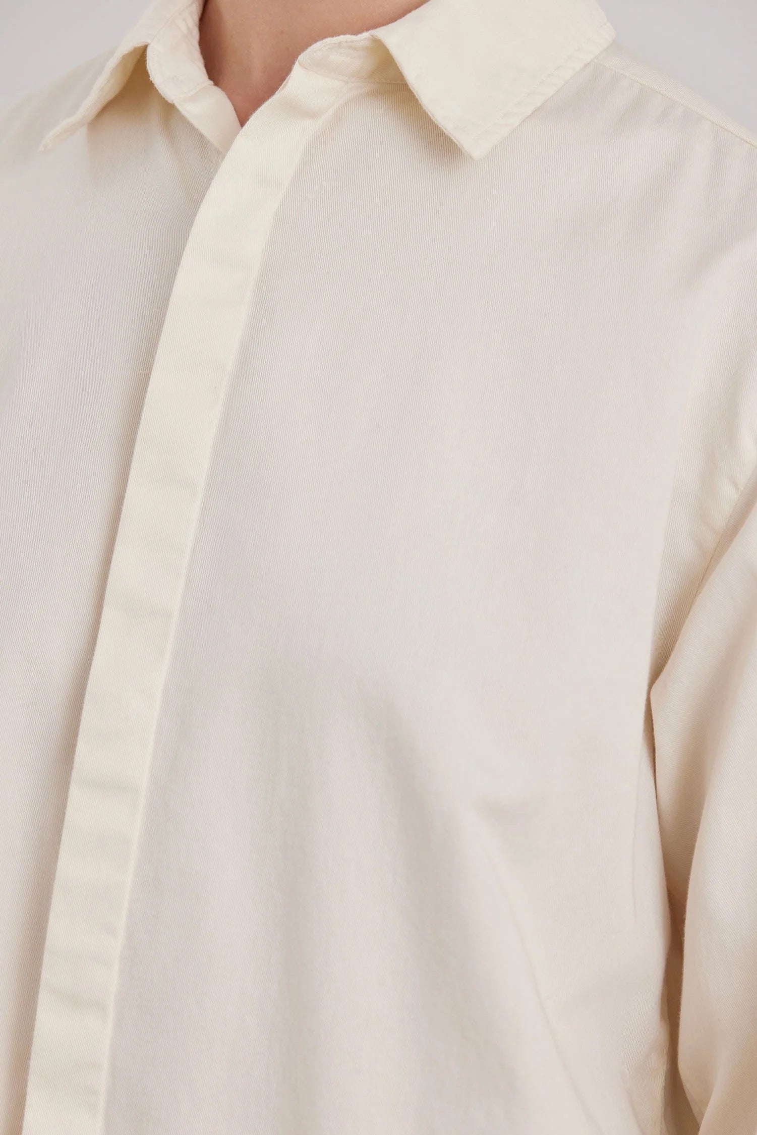 Black Crane Work Shirt Natural close up showing point collar, concealed button placket and cotton twill texture