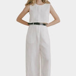 Shaina Mote Paradis trouser in natural organic cotton front view with high rise, straight leg and black belt styling